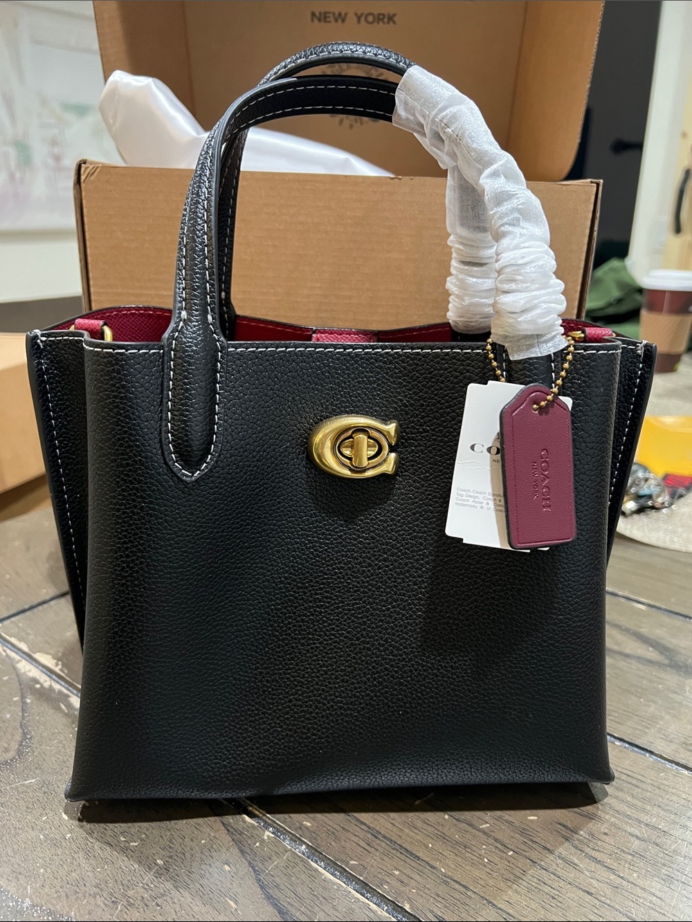 Coach Black Pebbled Leather Mini Satchel with Pink Tag